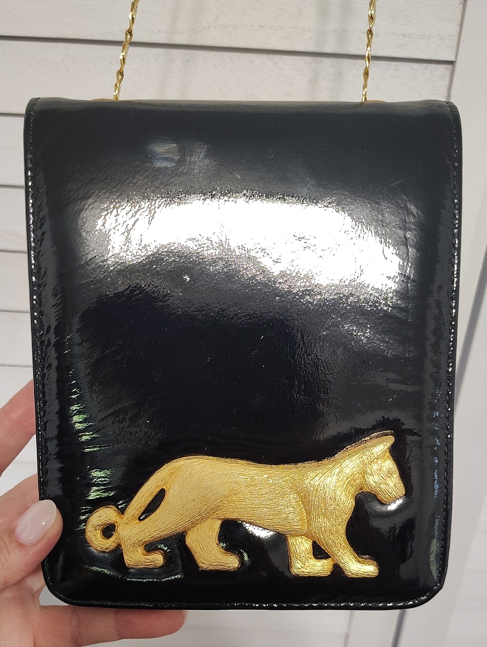 RARE Vintage Art Deco Black Patent Crossbody Bag with Gold Panther Accent
